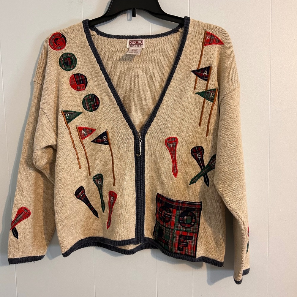 PBJ Sport Vintage Golf Plaid Applique Zip Cardigan Sweater Beige Large